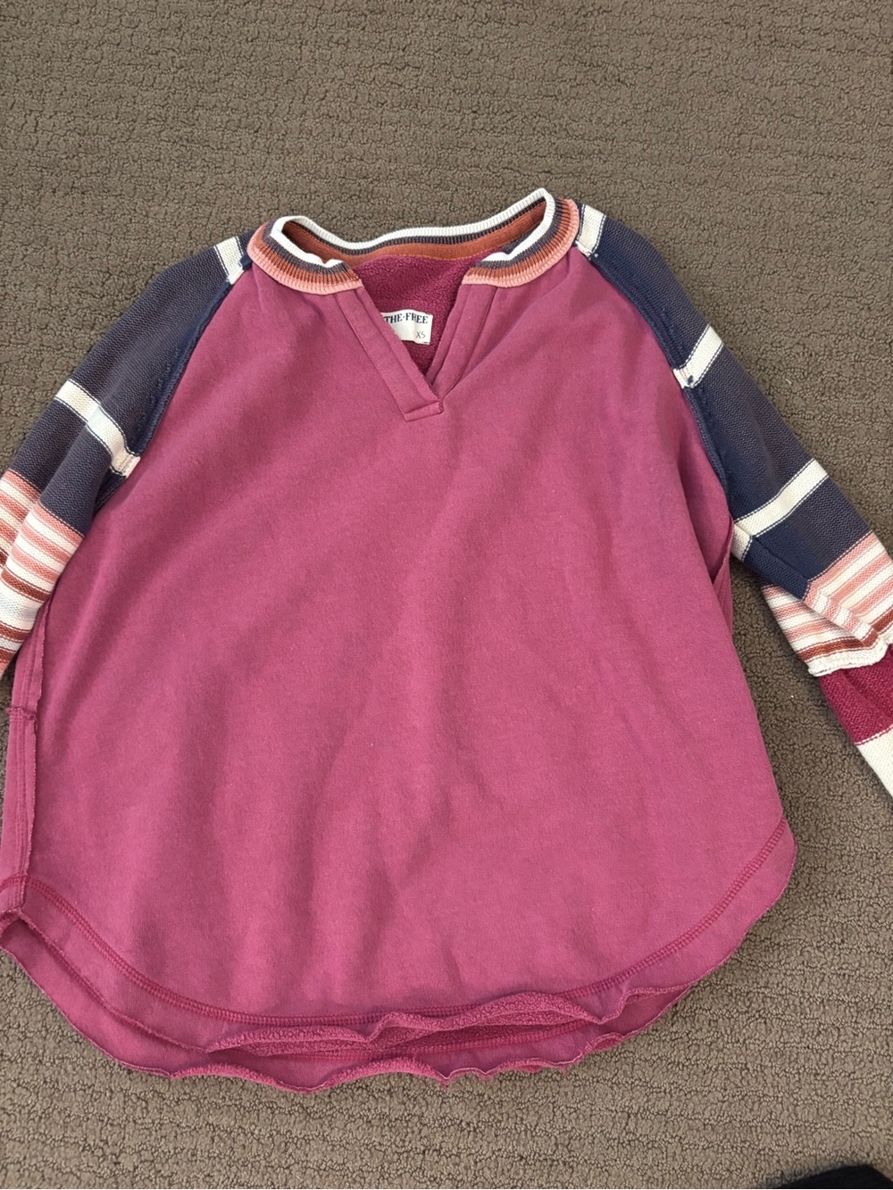 Long-Sleeve Raglan Top in Berry with Stripe Sleeves